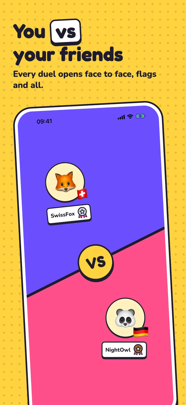 You vs your friends: the versus that opens a duel, both players and their flags.